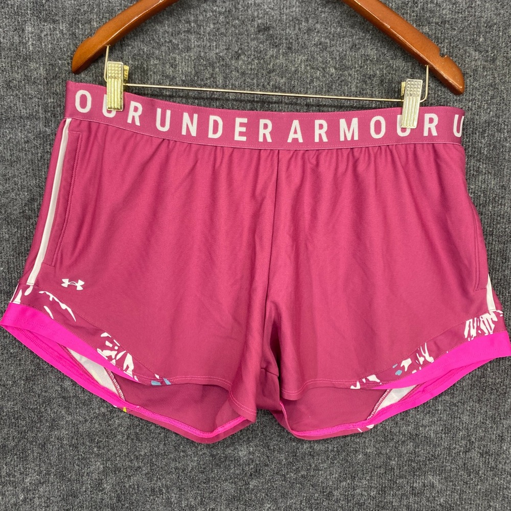 Under Armour Womens XL Pink Running Shorts Logo Waistband Athletic Gym Pockets